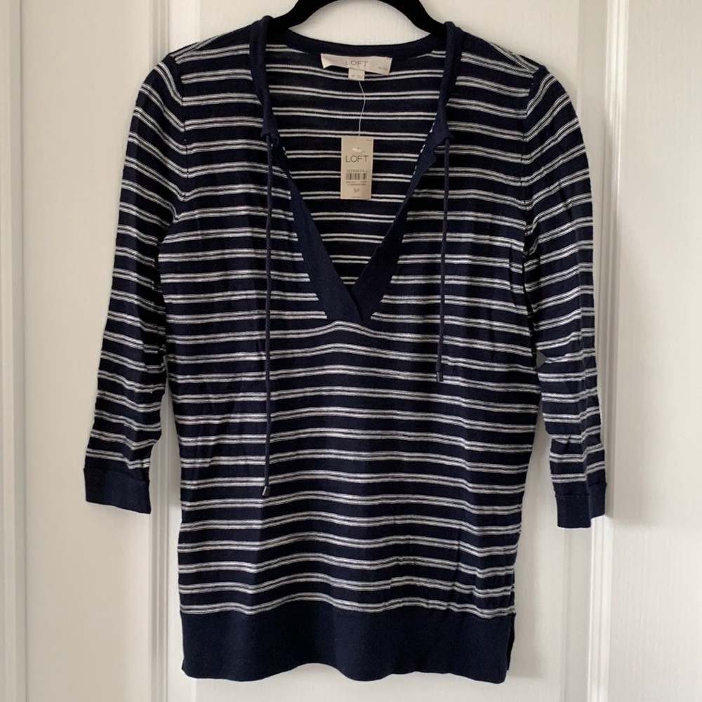 NWT LOFT Nautical Blue and White Stripe V-Neck Tie Top Size Small Petite